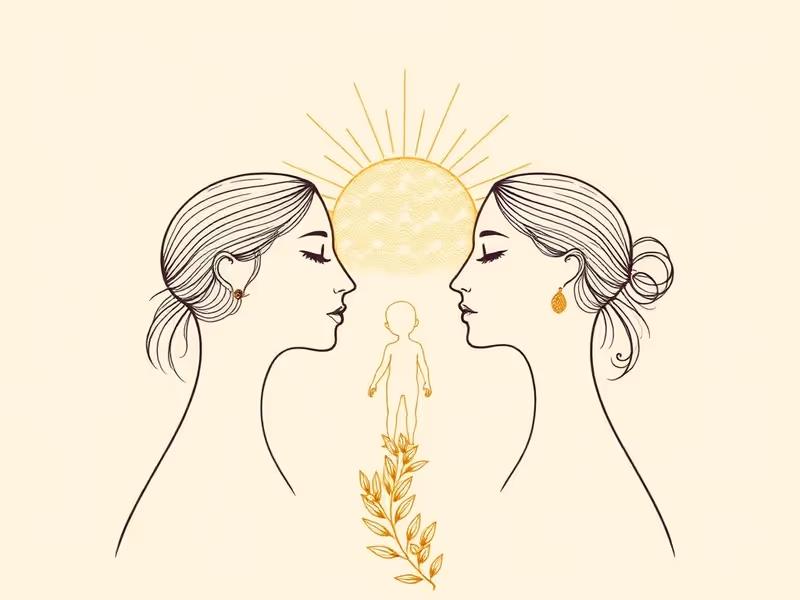 Illustration line-art : couple apaisé, enfant protégé, soleil et rameau d'olivier.