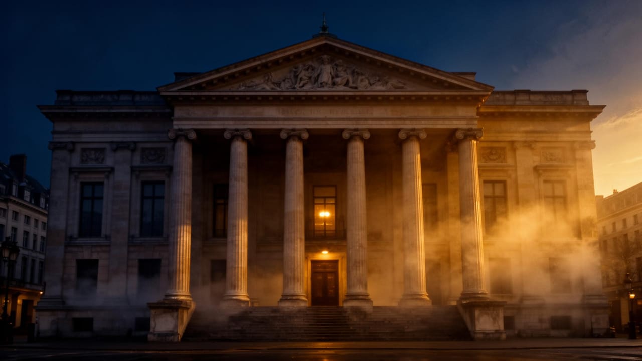 Palais de justice néoclassique au crépuscule, lumière dorée et brume — symbole d'un droit incarné