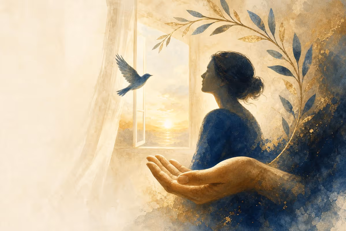 Illustration apaisante : silhouette d'une femme tournée vers une fenêtre ouverte au soleil levant, tenue par une main protectrice, un oiseau prend son envol — symboles d'écoute, de sécurité et de liberté retrouvée.